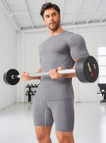 Manfinity Sport Corelite 男友风男士纯色圆领短袖T恤短裤运动套装，运动服，男士运动短裤套装，健身套装，锻炼套装 - 灰色 - 查看 6