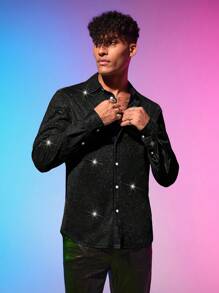 Manfinity Fever City Men Long Sleeve Shiny Sequin Shirt, Fall - Black - View 5