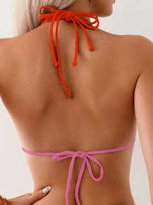 SHEIN Swim Women Red Pink Color Block Halter Bikini Set,For Summer, Beach, Swimming - Red - View 4