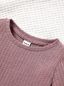 SHEIN Ensemble Pyjama Décontracté En Tricot Pour Bébé Fille, Haut À Manches Courtes Et Pantalon Moulant, Texturé Uni - Vieux Rose - Voir 4