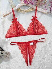 SHEIN 花卉蕾丝镂空内衣套装 Bridallingerie，Baddie Look - 紅色 - 查看 2