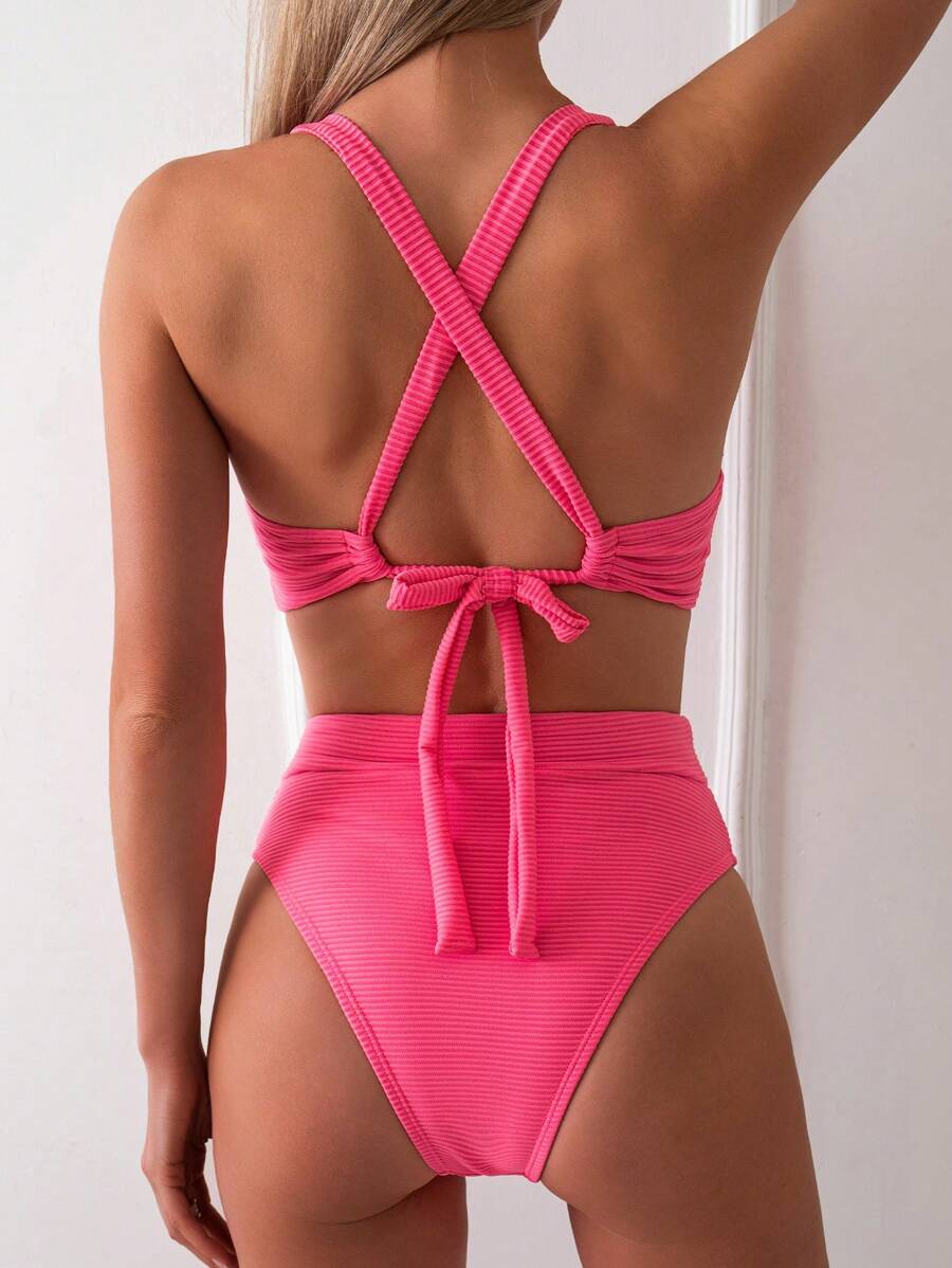 SHEIN Swim Summer Beach Women's Solid Color Cross Strap Back Separated Bikini Set, Crossover Waist Bikini Set - Hot Pink - View 1