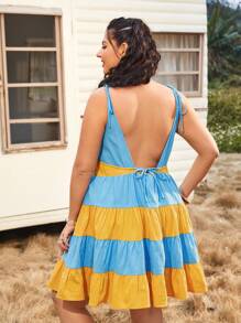 Dreamara Plus Size Color Block Stripe Lace-Up Backless Cami Dress - Multicolor - View 2