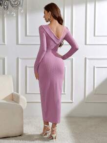 Modelyn Ladies' Fashionable Solid Color Mesh Splicing Pleated Dress Long Evening Dresses - Purple - View 2