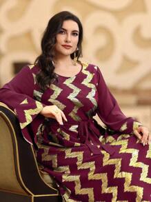 Al Najma Burgundy Red Plus Size Women's Arabic Style Long Sleeve Dress With Foil Print Herringbone Pattern