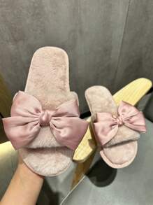 秋冬季女士优雅粉色蝴蝶结平底毛绒拖鞋，适合情人节派对居家穿着，蓬松柔软 - 藕粉色 - 查看 4