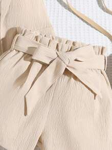 SHEIN Genkimix Kids Young Girls' Sleeveless Jacket & Bow Belt & Shorts Casual Fashion Suit For Daily Wear Summer Holiday