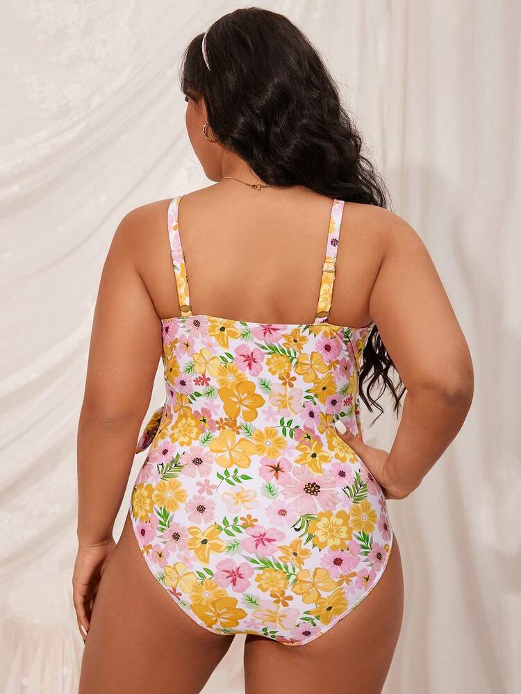Summer Plus Size Floral Print V-Neck Tie Front Monokini