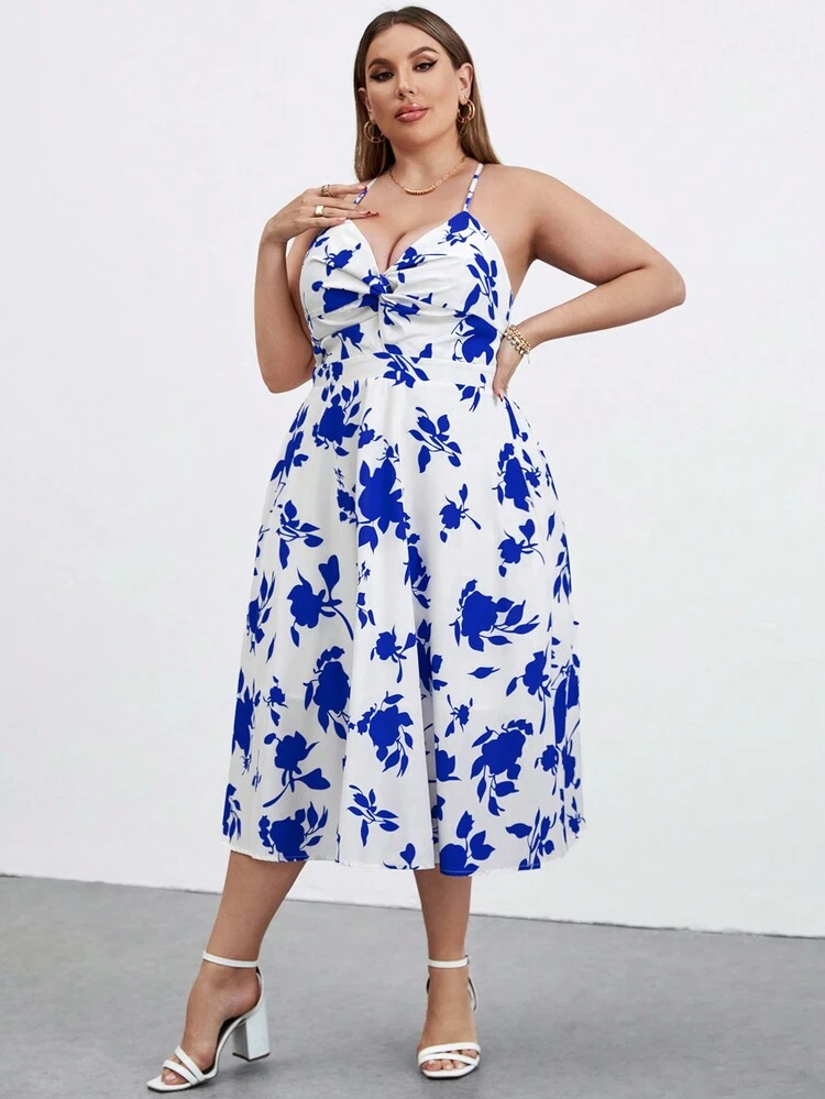 Plus Size Elegant & Romantic Flower Print Twisted Halter Neck Dress, Suitable For Travel, Vacation, Going Out, Shopping, Cafe