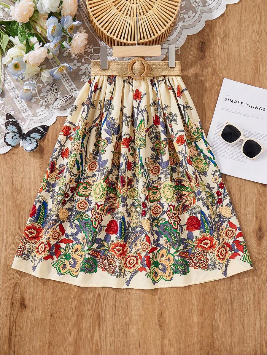 SHEIN Tween Girls' Cute Woven Belt Elastic Waist Floral Printed Mid-Length Skirt - Multicolor - View 1