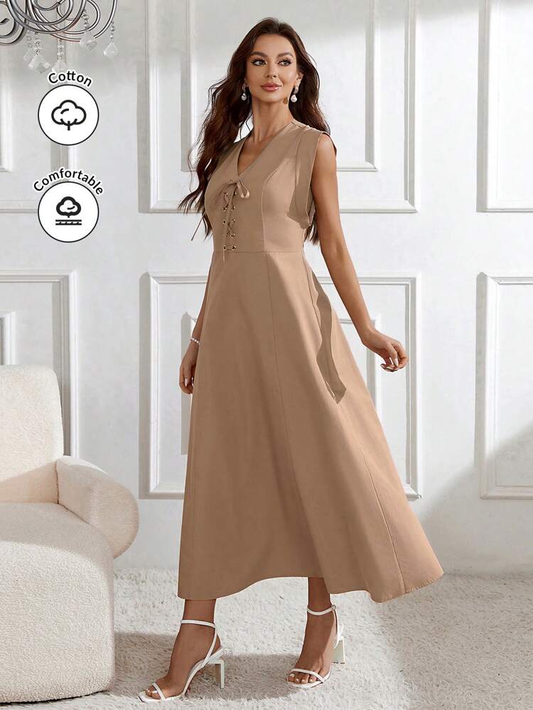 Women's Eyelet Lace Up Sleeveless Dress Long Evening Dresses