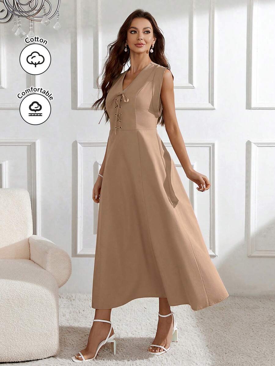 Modelyn Vestido largo sin mangas con cordones de encaje para mujer, vestido de noche - Caqui - Ver 1