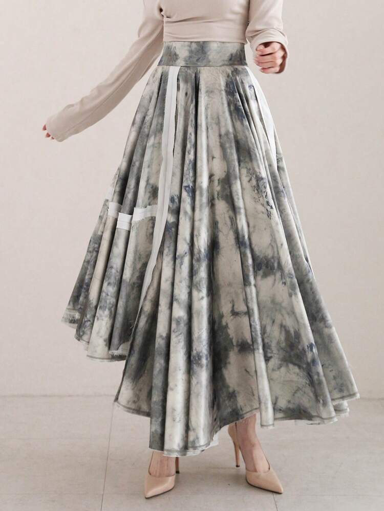 Tie-Dyed Loose Asymmetric Hem Pleated Skirt Boho