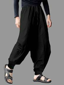 男裝單色低襠束腰長褲,休閒服飾 - 黑色 - 查看 1