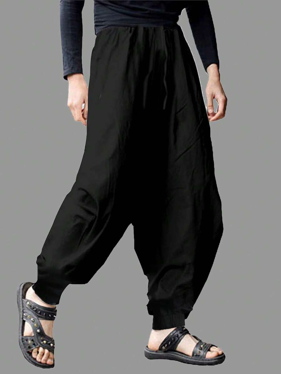 男裝單色低襠束腰長褲,休閒服飾 - 黑色 - 查看 1