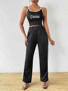 Zolique Letter Print Contrast Trim Cami Top And Straight Leg Pants - Black - View 5