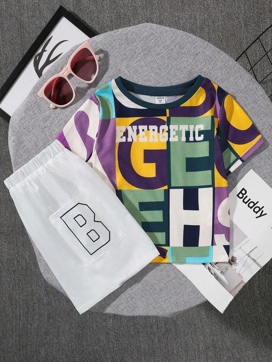 SHEIN 2pcs Young Boy Casual Sporty College Style Cute & Fun Dope & Letter Print Round Neck Short Sleeve T-Shirt And White Shorts. Suitable For Daily Wear, School, Travel, Sports; For Spring And Summer Seasons. - Multicolor - View 1