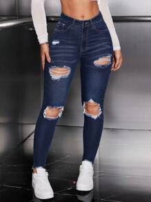 SHEIN EZwear Women'S Ripped Skinny Jeans Ripped Jeans - Dark Wash - View 4
