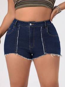 SHEIN ICON Pantalones Cortos De Mezclilla Ajustados De Talla Grande Con Dobladillo Deshilachado