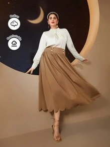 Modelyn Plus Size Solid Color Scallop Hem Skirt