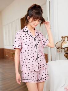 Conjunto De Ropa De Verano Para Adolescentes Que Incluye Camiseta Y Pantalones Cortos De Punto Con Mangas Cortas Y Patrón De Estrella Y Bolsillos - Rosa - Ver 6