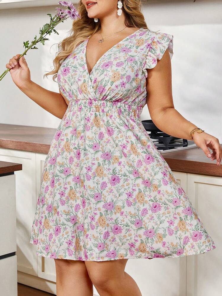 Plus Size Romantic Floral Print Cross V-Neck Ruffle Hem Dress