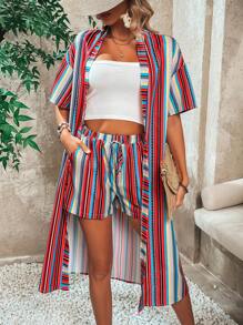 Breezaya Của phụ nữ Sọc Thả vai Ngắn tay Mở Mặt trước áo Và Bộ quần short - trái cam - Xem 5