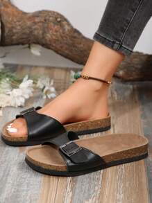 Summer Women Yellow Fashionable Cork Bottom Sandals,Beach Outfits - Black - View 3