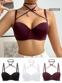 SHEIN Sujetador De Cuello Halter Cruzado De Color Sólido Para Mujer