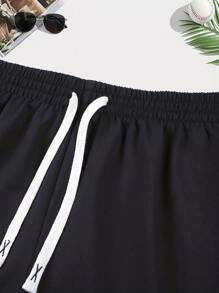 Men's Summer New Unique Heart & Letter Print Drawstring Waist Shorts - Black - View 3