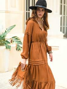 Rusttydustty Chiffon Red V-Neck Tie Waist Elegant Women's Maxi Dress, Casual Bohemian Style For Vacation, Valentine's Day, New Year Party - Brown - View 8