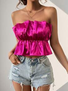 SHEIN Unity Màu thuần Xếp li Áo không dây - Màu Hồng Tươi - Xem 1