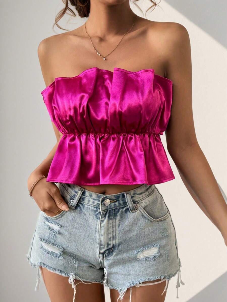 SHEIN Unity Màu thuần Xếp li Áo không dây - Màu Hồng Tươi - Xem 1