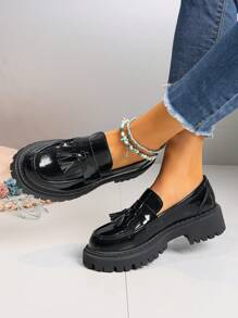 Women's Casual, Fashionable & Comfortable High Heel Thick-Soled Loafers With Tassel Design For Spring And Autumn, Wedge Heel & Thick-Soled Shoes