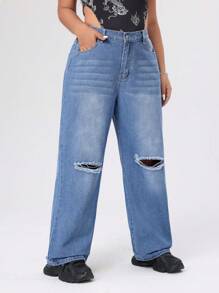 SHEIN ICON 大尺碼破洞直筒牛仔褲 - 淺色水洗藍 - 查看 6