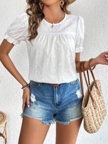 SHEIN LUNE Của phụ nữ Màu thuần Bong bóng Tay áo Áo sơ mi Với Kết cấu - trắng - Xem 4