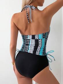 Swim Lushoire Printed V-Neck Halterneck Top With Drawstring Sides And Triangle Bottom Tankini Set Summer - Multicolor - View 2