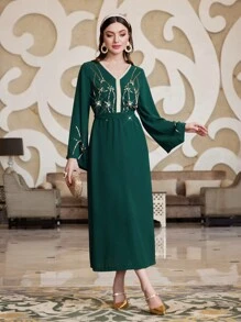 Al Najma V-Neck Arabic Style Dress With Rhinestone Embellishment - Dark Green - View 6