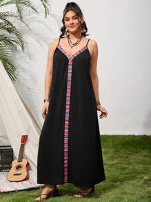 SHEIN VCAY 大尺碼條紋編織帶拼接背心裙 - 黑色 - 查看 1