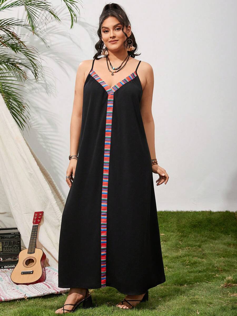 SHEIN VCAY 大尺碼條紋編織帶拼接背心裙 - 黑色 - 查看 1