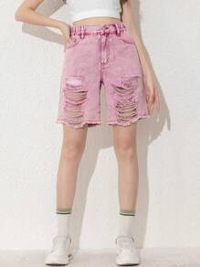 Teen Girl New Arrival Casual And Fashionable Pink Distressed Washed Denim Shorts - Pink - View 3