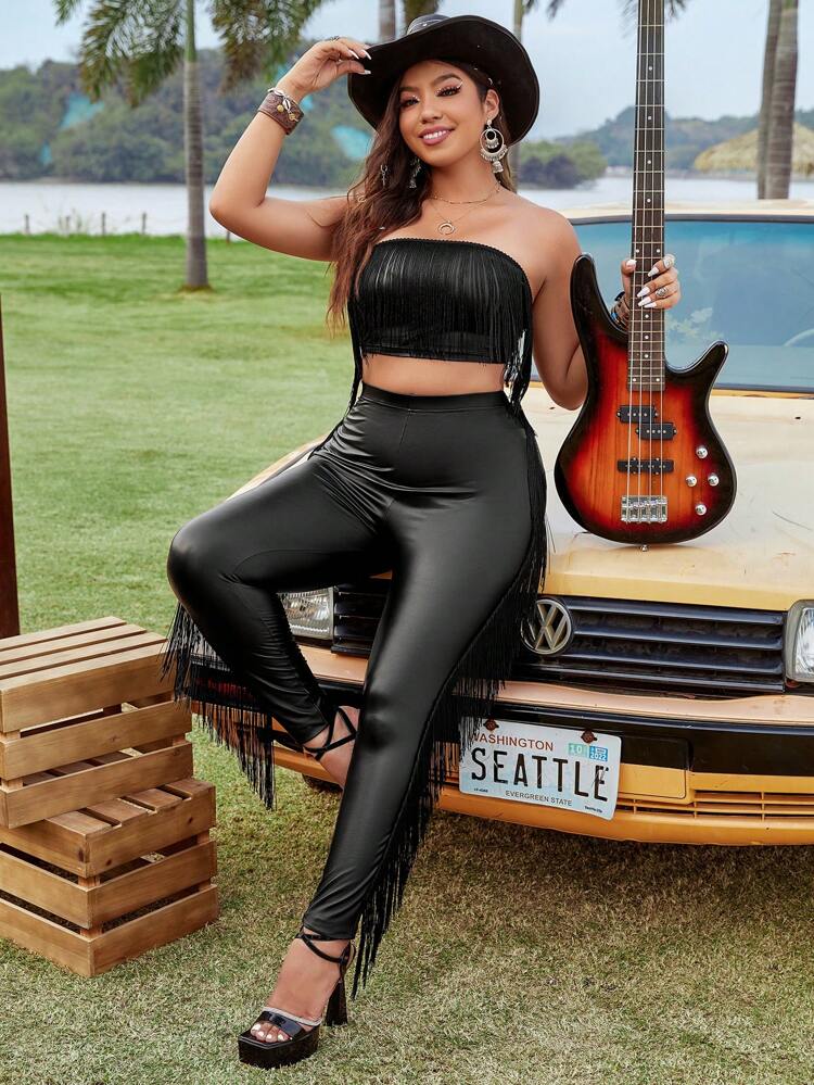 Plus Size Sleeveless Fringed Bustier Top And Tight Pants Two Pieces Set
