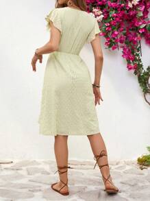 SHEIN VCAY Vestido Con Mangas De Hoja De Loto Y Cuello En V Para Mujer - Verde - Ver 2