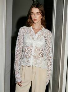 GENKIRA 女性薄透蕾絲透視襯衫 - 白色 - 查看 7