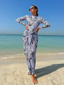 SHEIN Swim 女士一片式無鋼圈游泳衣＆植物和葉子印花比基尼＆海灘長裙套裝 - 黑與白 - 查看 5