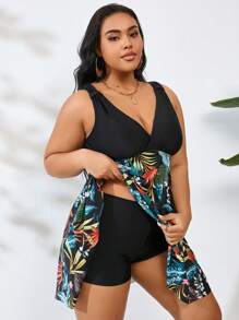 Swim Lushoire Traje de baño de dos piezas con estampado de plantas tropicales para mujer de talla grande, conjunto de tankini, traje de baño de verano, ropa de playa de verano - Multicolor - Ver 3