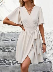 SHEIN Clasi Women's V-Neck Ruffle Sleeve Dress - Apricot - View 3