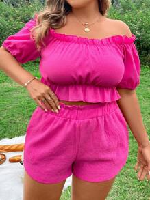 Flirla Plus Size Women's Plain Frill Edge Off Shoulder Short Sleeve Top And Shorts Set - Hot Pink - View 3