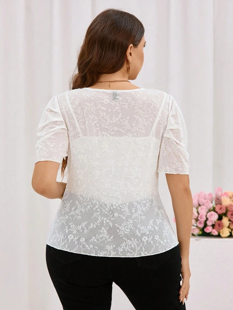 Wedding Jie Plus Size Solid Color Jacquard Puff Sleeve Top