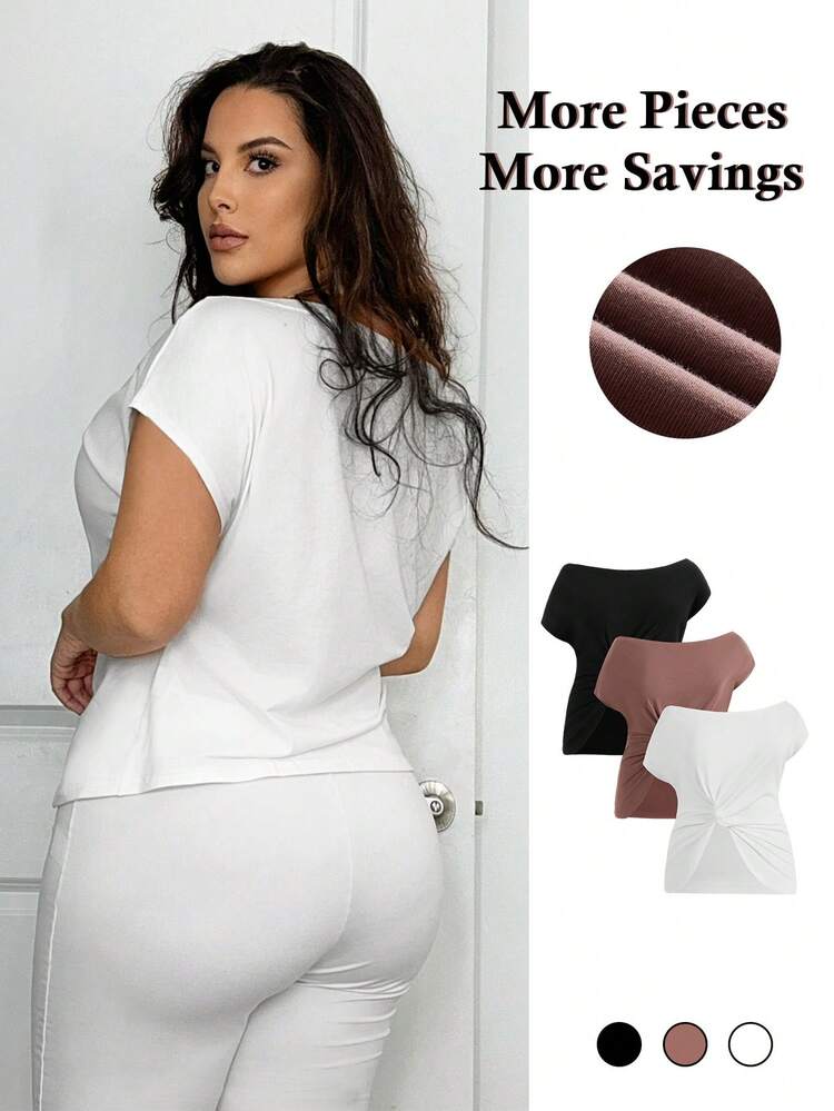 Plus Size Women's 3pcs/Set Twist Knot Hem T-Shirt Combination Set